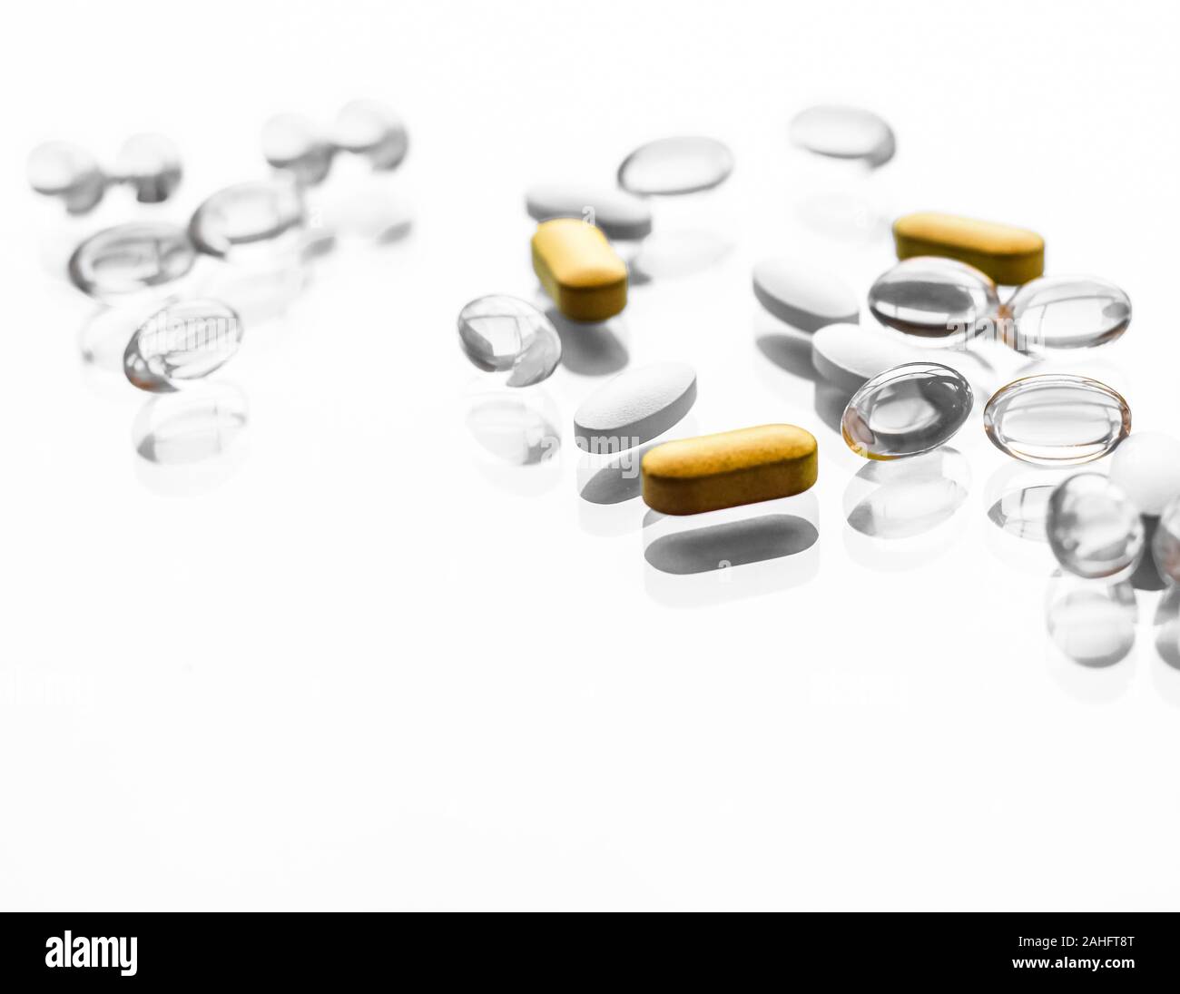 Pharma, branding and lab concept - Pills and capsules for diet nutrition, anti-aging beauty supplements, probiotic drugs, pill vitamins as medicine an Stock Photo