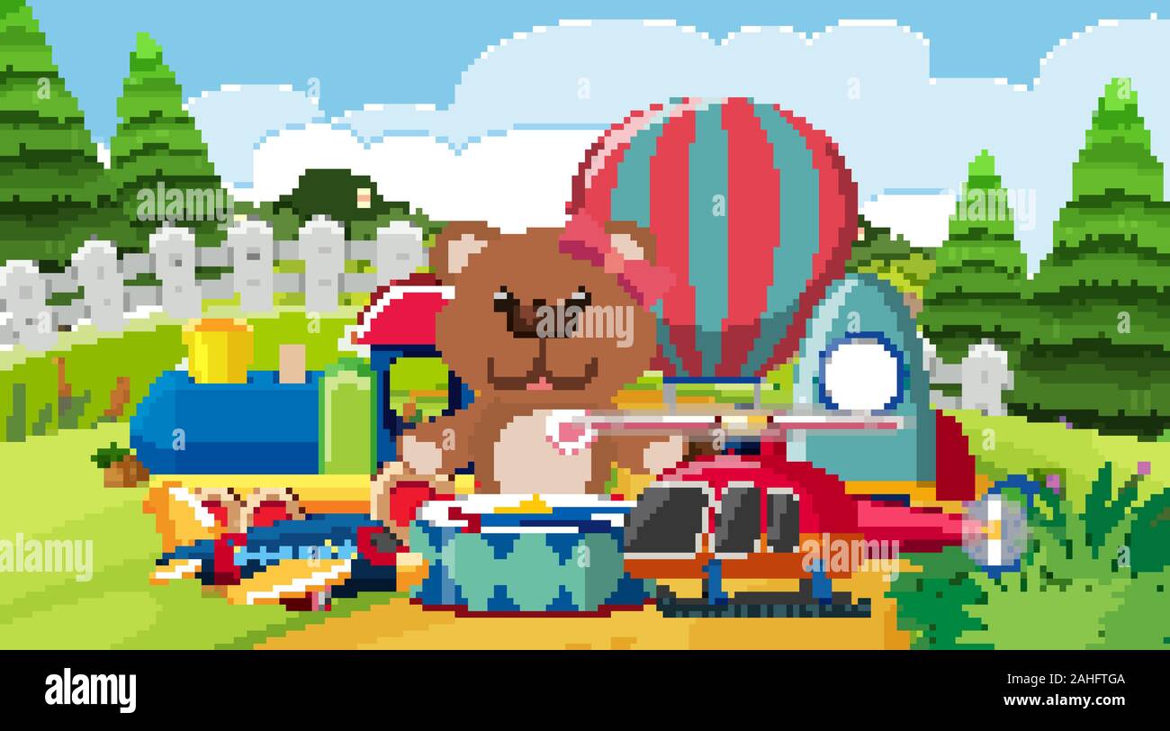 Scene with many cute toys on the ground illustration Stock Vector Image ...