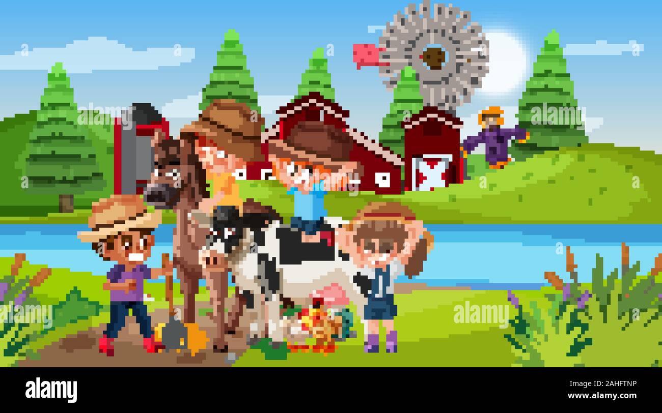 Scene with kids and animals on the farm illustration Stock Vector Image ...