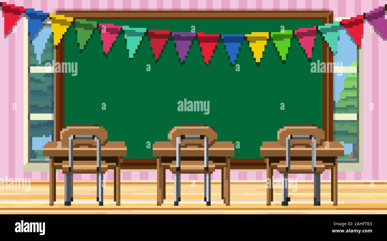Classroom scene with blackboard and desks illustration Stock Vector ...