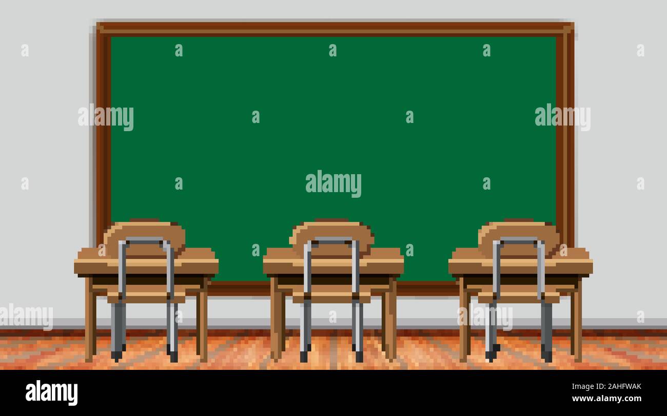 Classroom scene with chalkboard and desks illustration Stock Vector ...