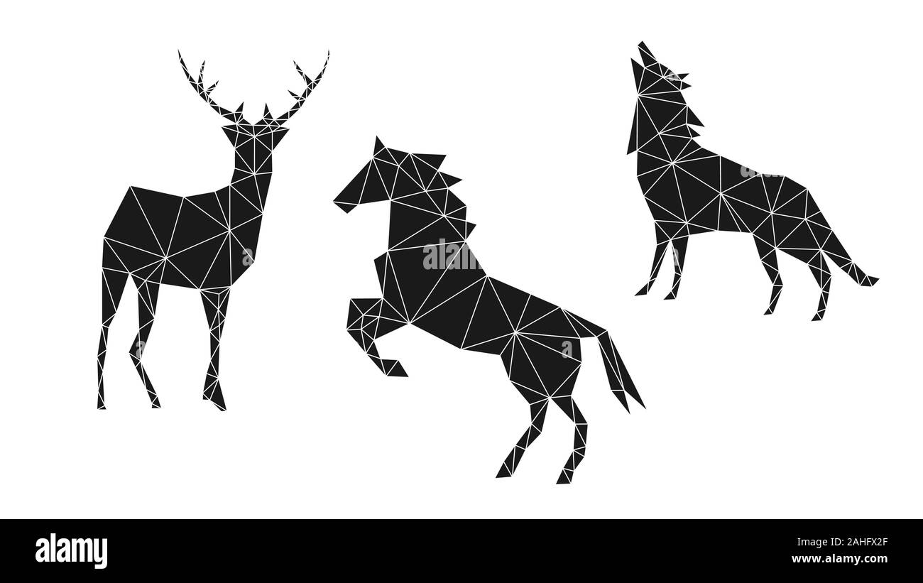 Contemporary geometric image of a deer, horse and wolf from triangles on a white background. Minimalism in the style of trigonometry. Stock Vector