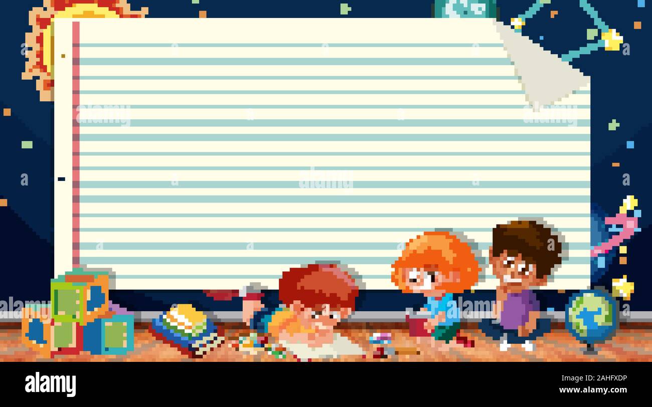 Paper template with kids reading books and space background