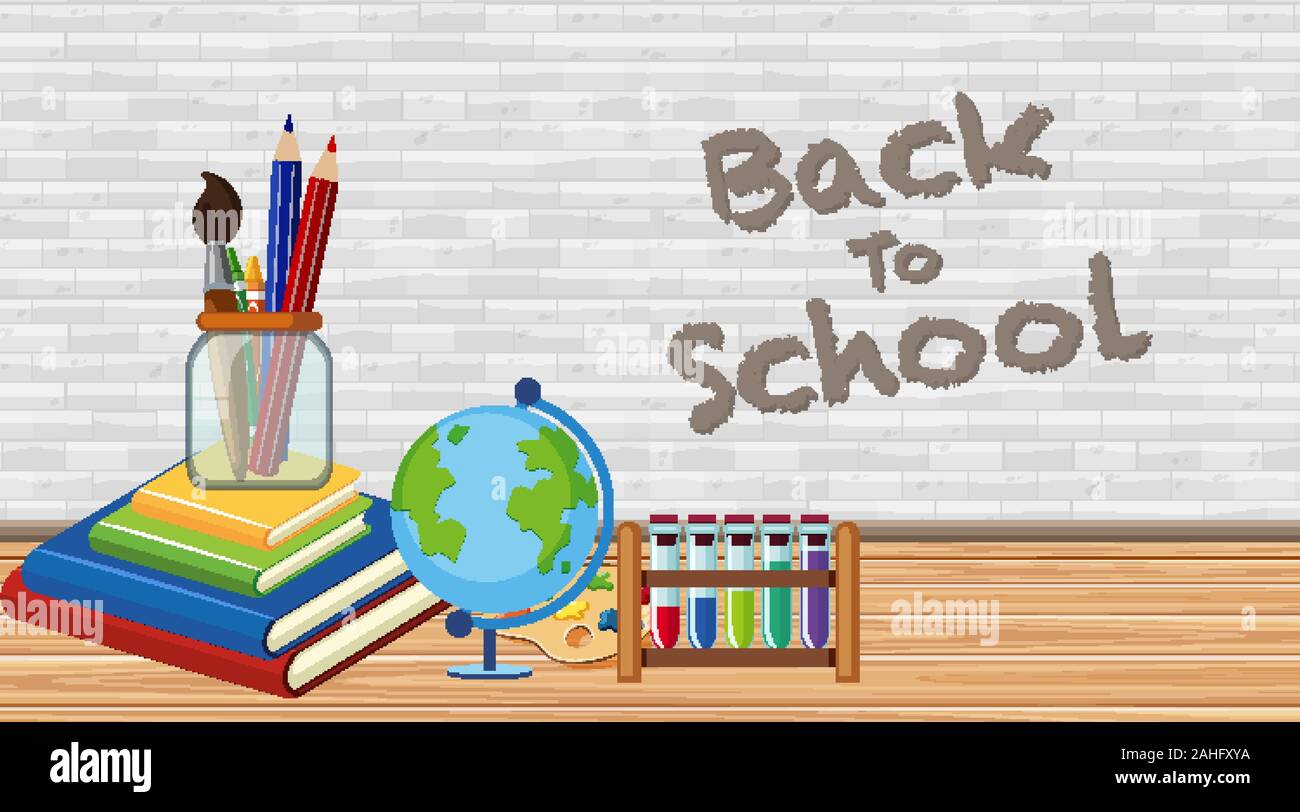 Back to school theme with books and globe on the floor illustration ...