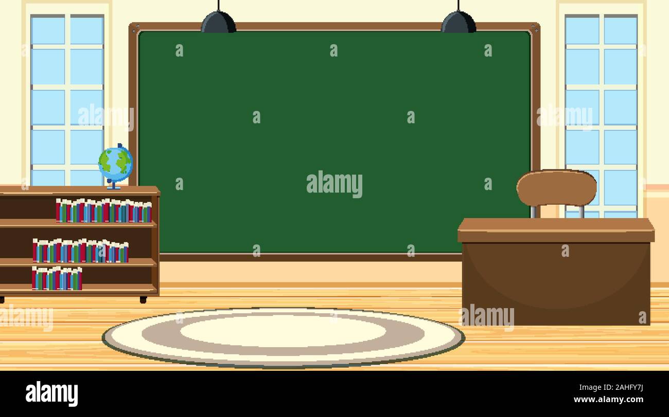 Scene with big chalkboard and teacher desk illustration Stock Vector ...