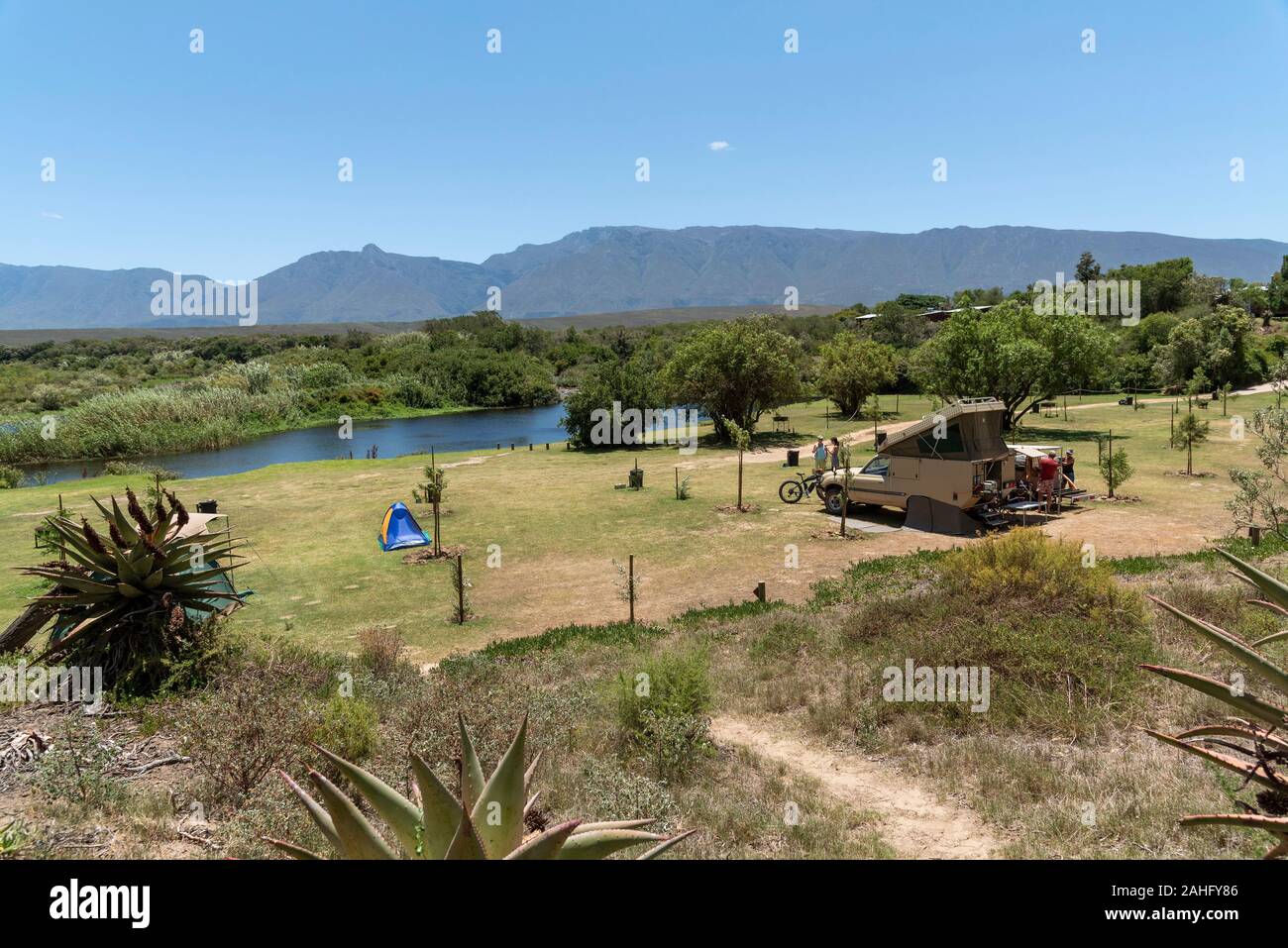 Swellendam, Western Cape, South Africa, December 2019. Campsite on the Breede River viewed from Aloe Hill on the Garden Route. Stock Photo