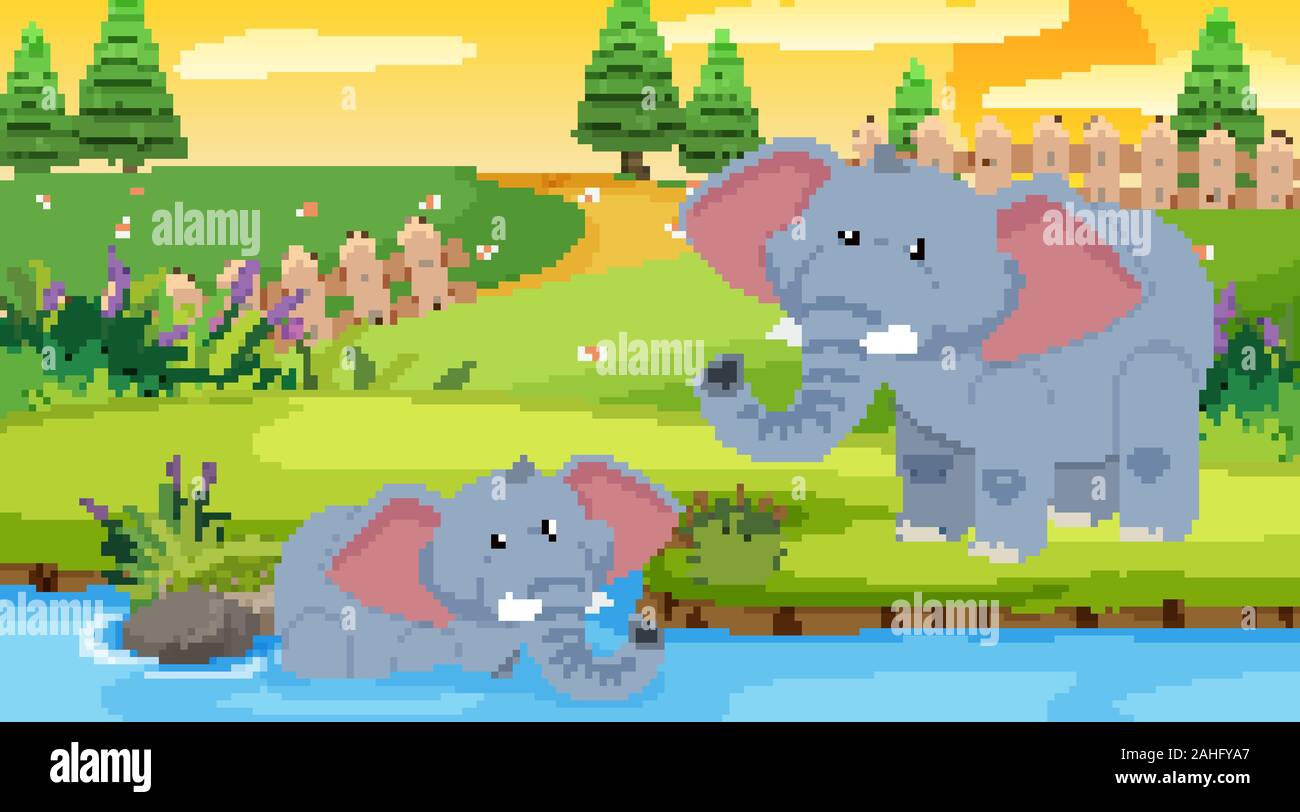 Scene with elephants in the park illustration Stock Vector Image & Art ...