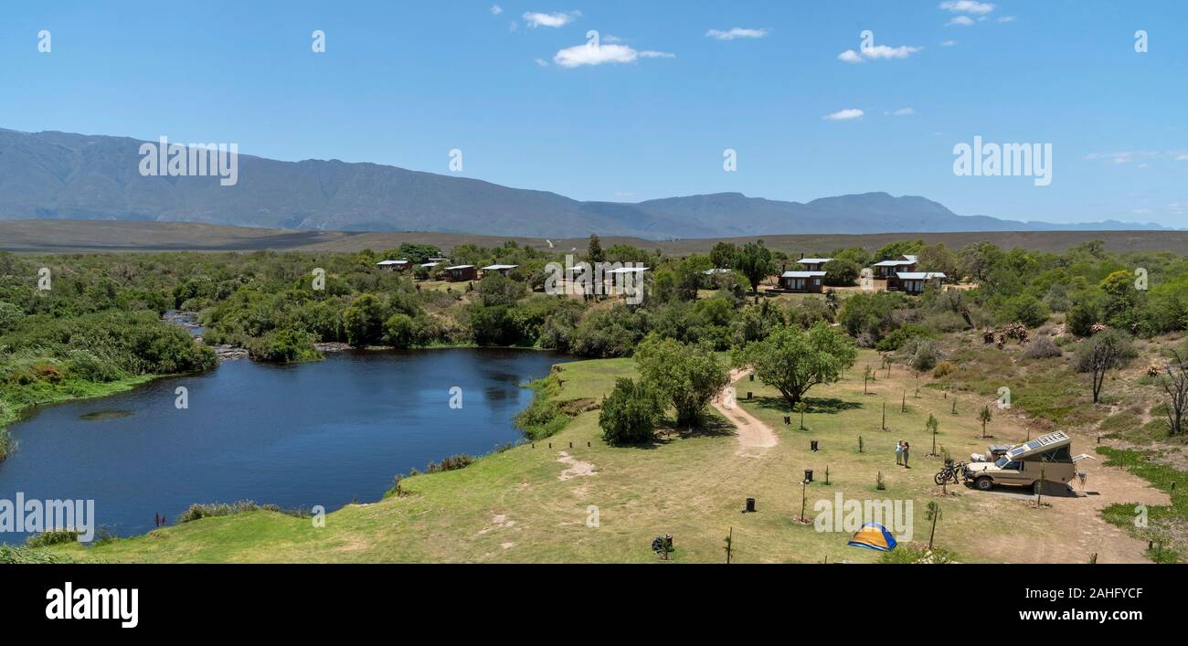 Swellendam, Western Cape, South Africa, December 2019. Campsite on the Breede River viewed from Aloe Hill on the Garden Route. Stock Photo