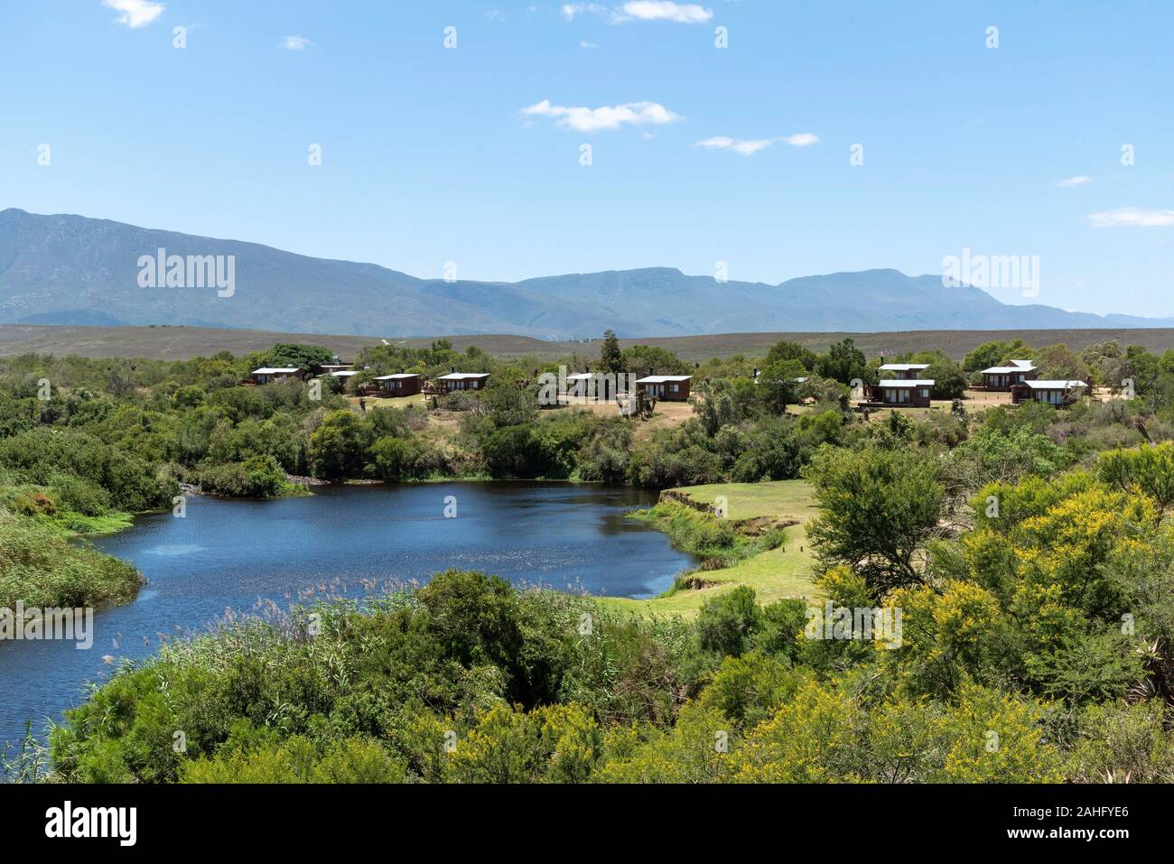 Swellendam, Western Cape, South Africa, December 2019. Campsite on the Breede River viewd from Aloe Hill on the Garden Route. Stock Photo