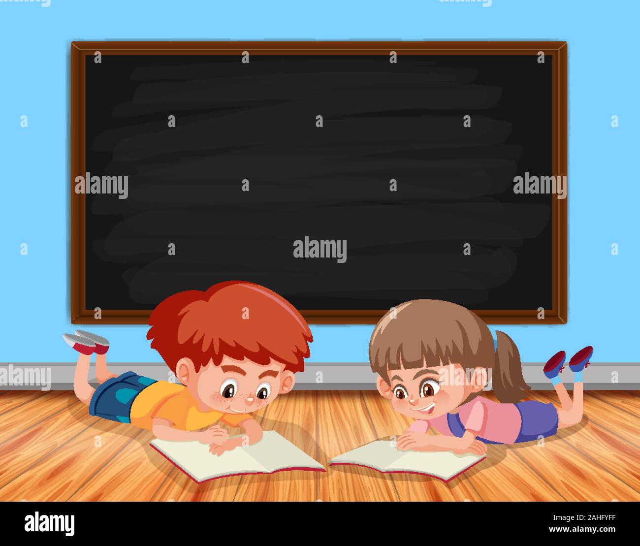 Two kids reading book in classroom illustration Stock Vector