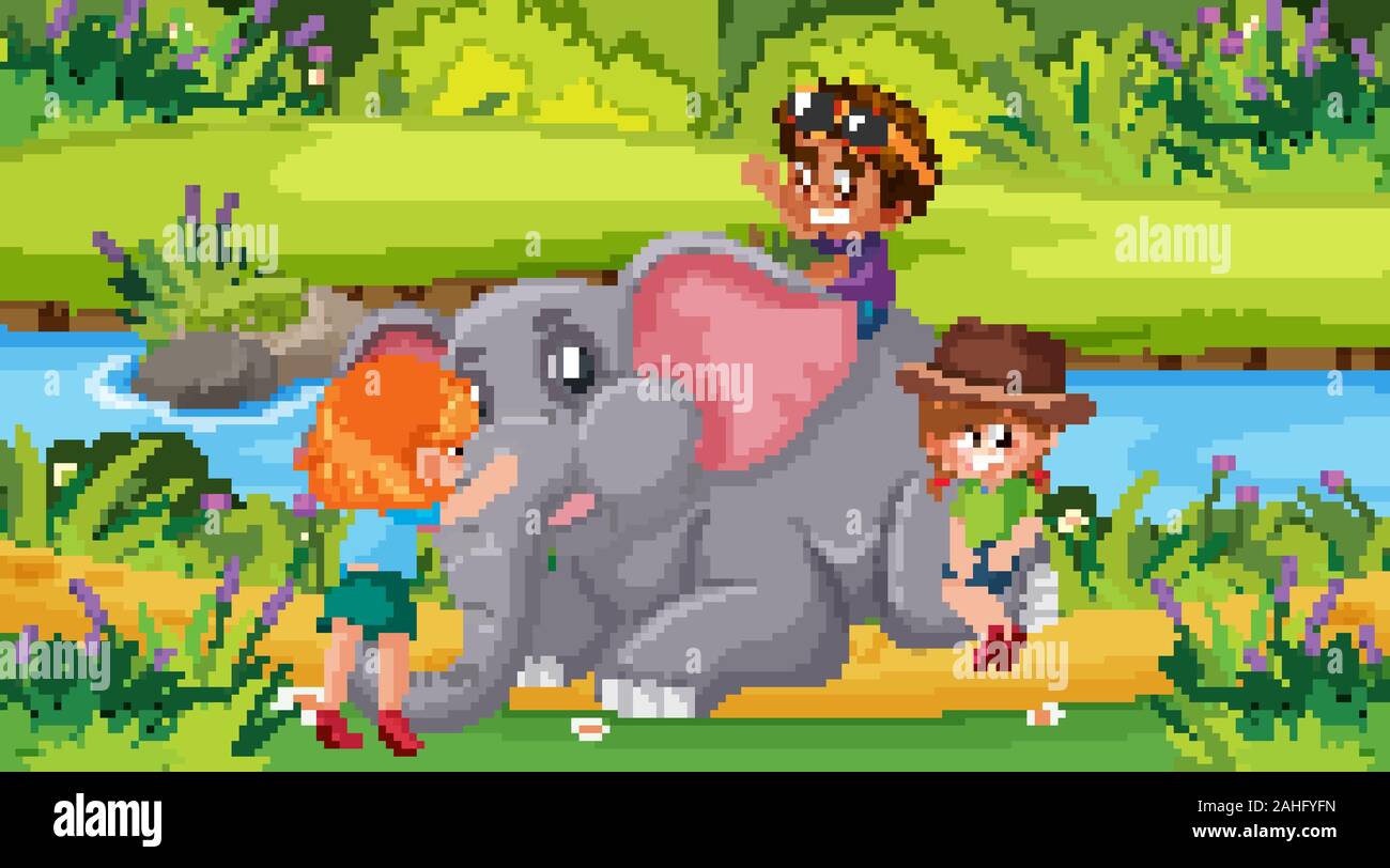 Scene with children and elephant in the park illustration Stock Vector ...