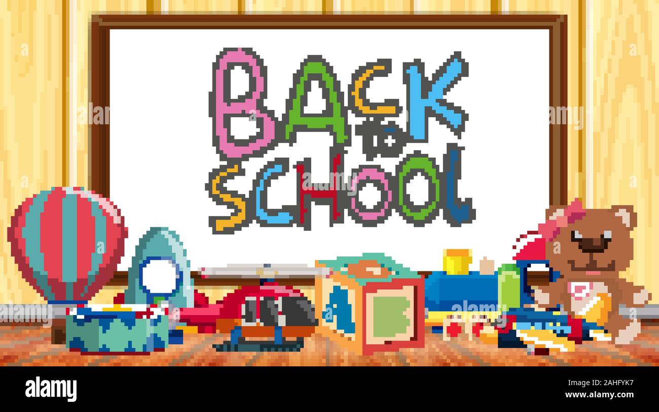 Back to school sign with many toys on the floor illustration Stock ...