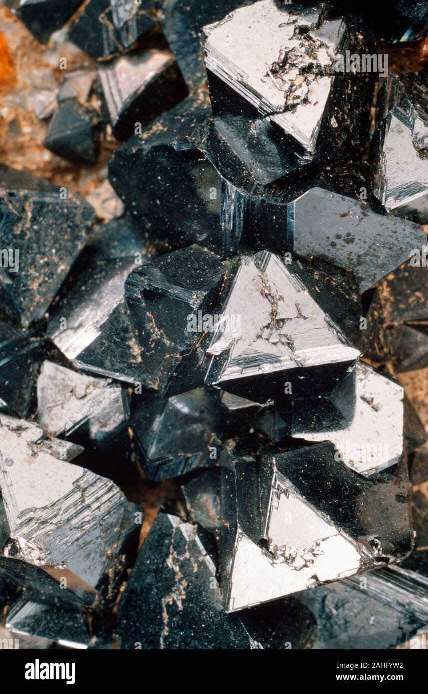 Magnetite crystals, a naturally found form or the metal element iron (Fe) Stock Photo