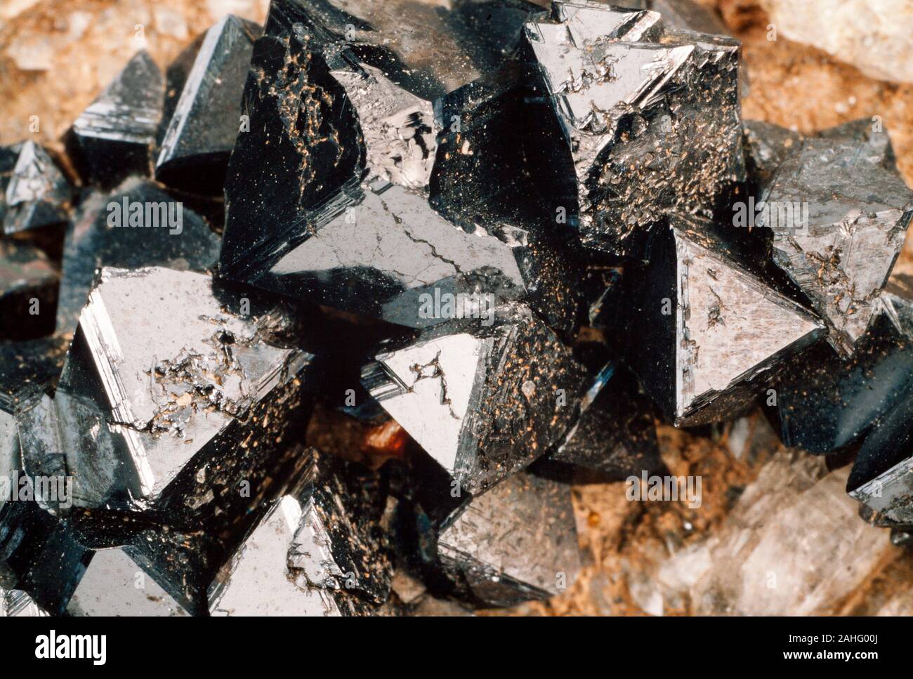 Magnetite crystals, a naturally found form or the metal element iron (Fe) Stock Photo