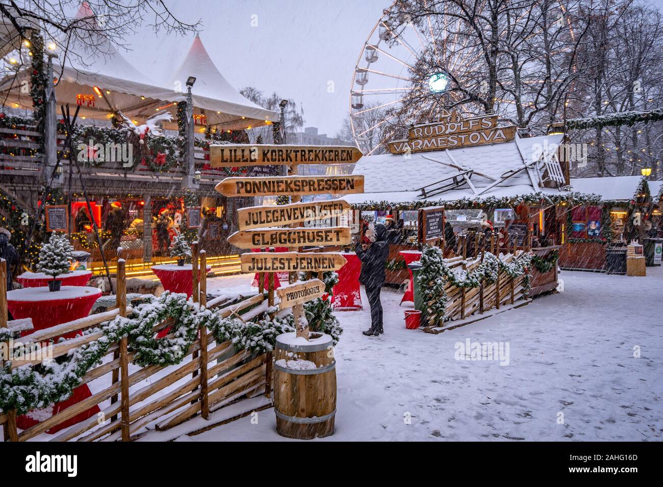 Oslo, Norway Traditional Christmas market with falling snow Stock
