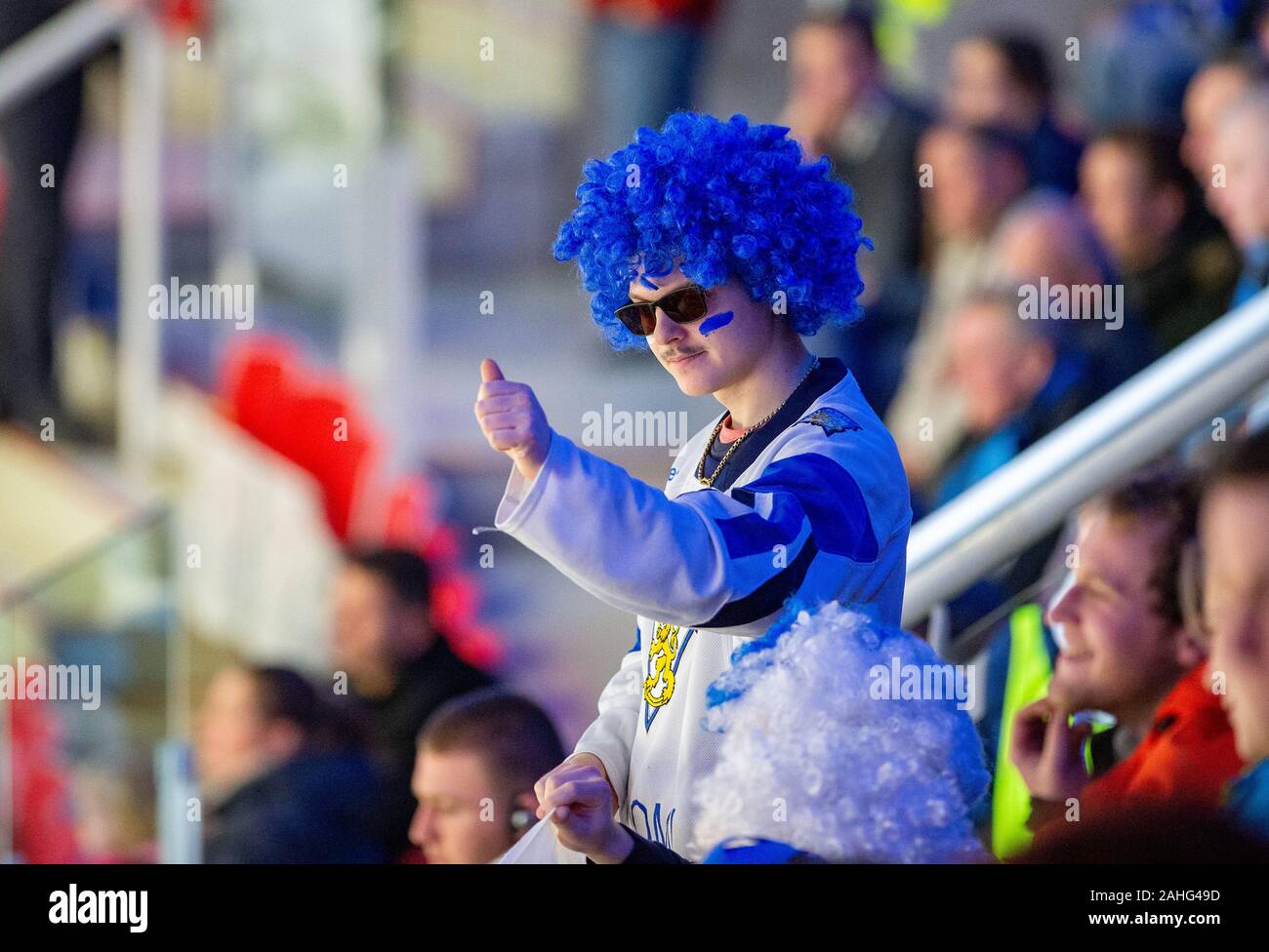 A Finnish ice hockey fan is seen during the 2020 IIHF World Junior Ice Hockey Championships Group A match between Kazakhstan and Finland in Trinec, Czech Republic, on December 29, 2019. (CTK Photo/Vladimir Prycek) Stock Photo