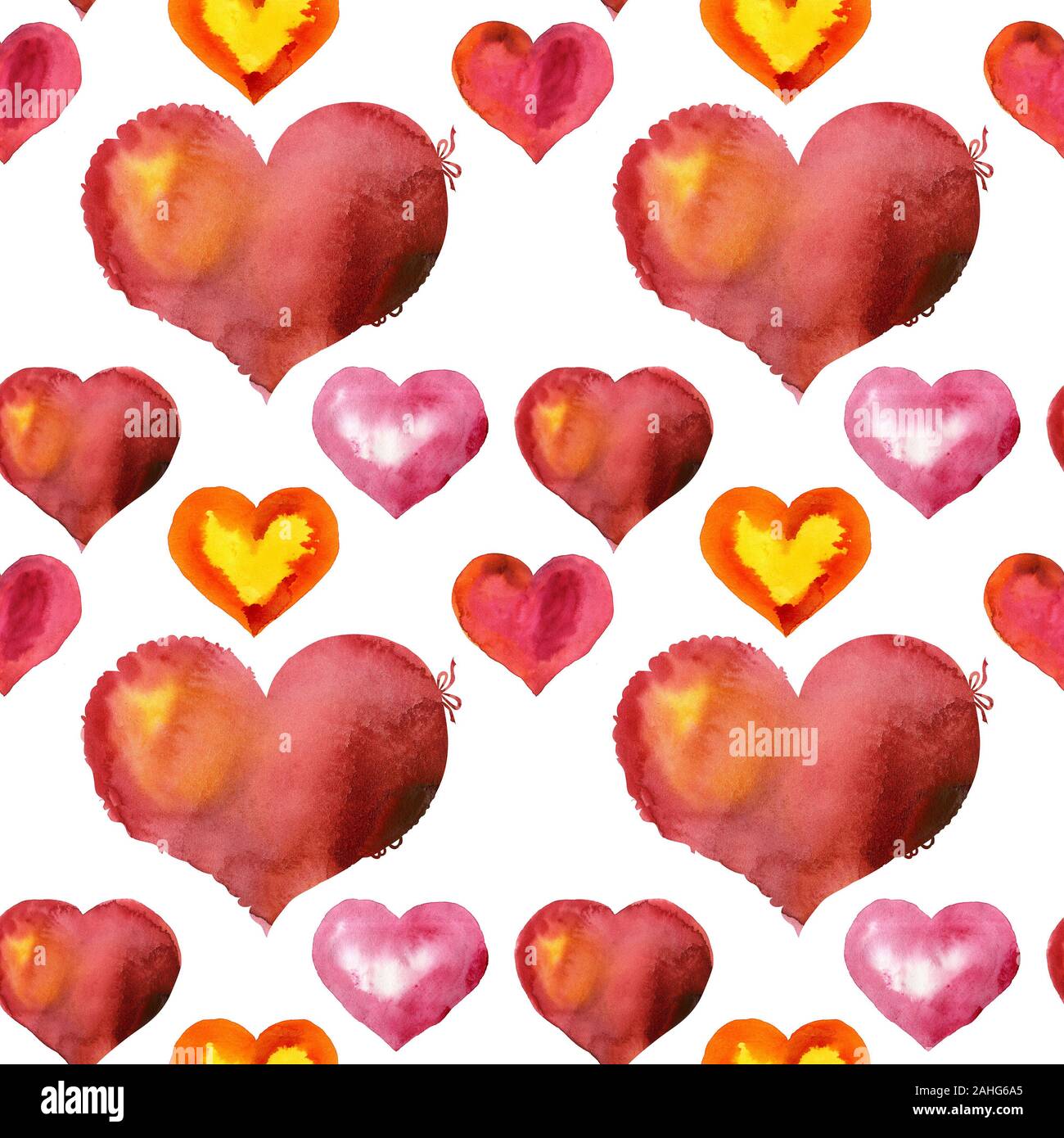 Seamless pattern of watercolor red hearts with light and shade, painted ...