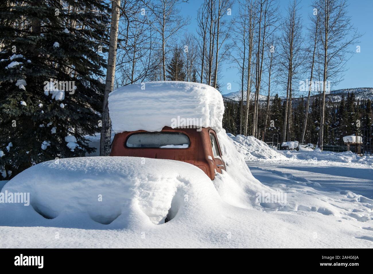 An old red truck buried in snow on a sunny day in the Alaskan forest Stock Photo