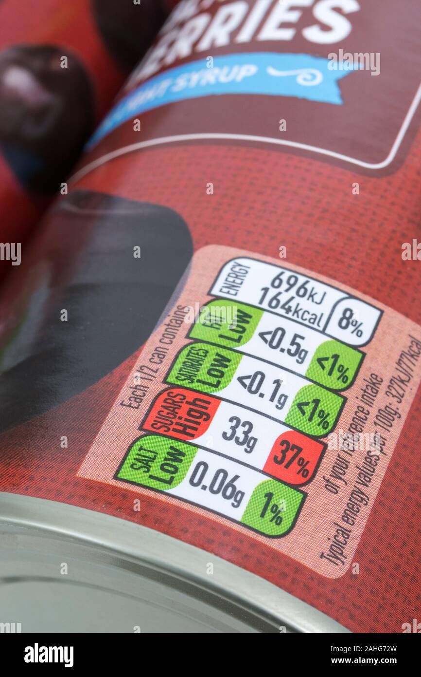 ASDA tinned cherries 37 high sugar content label. For food packaging