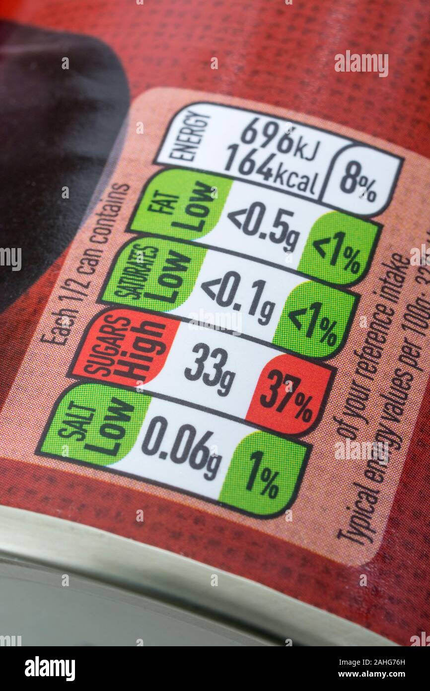 ASDA tinned cherries 37 high sugar content label. For food packaging