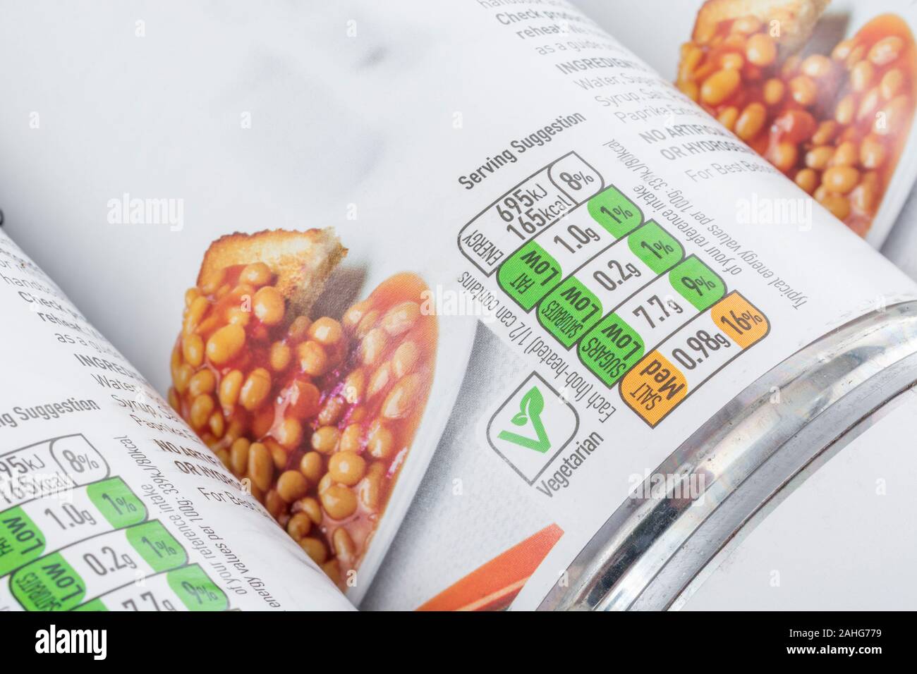 ASDA baked beans 16% high salt content label. For food packaging labelling, nutrition  labels, food dietary contents, salt in food, vegetarian label Stock Photo -  Alamy