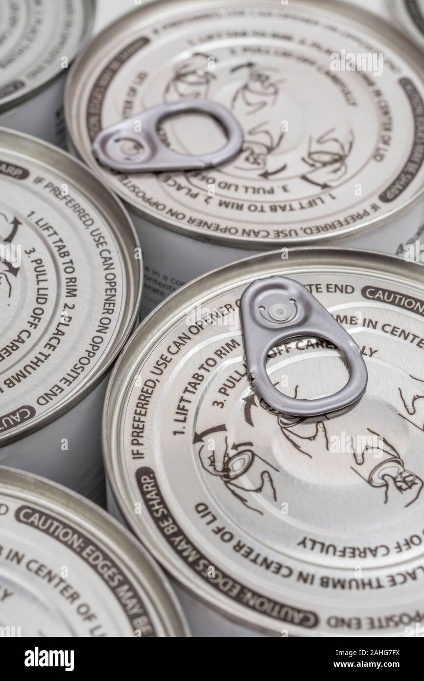 Closeup shot of can opening instructions and ring pull tab on an easy open ASDA tin of