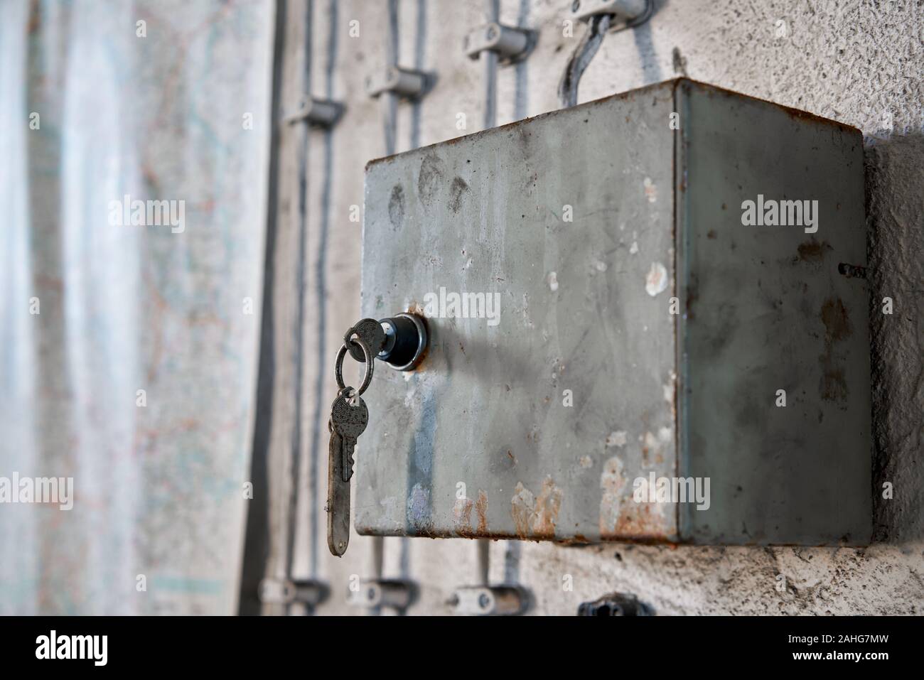 Fuse box on the wall of an abandoned factory in Magdeburg in Germany Stock Photo