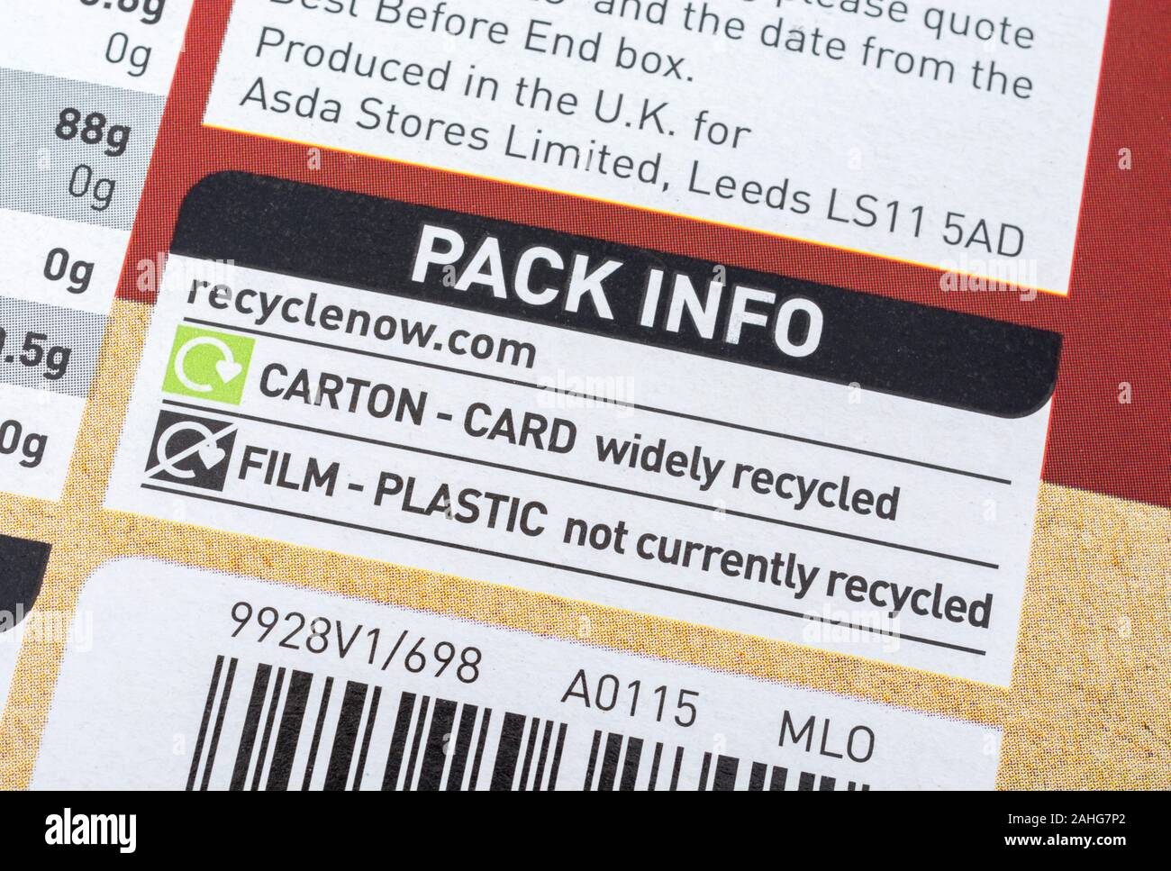 ASDA own-label cornflour / corn starch in cardboard box. For food ingredients labels, widely recycled symbol, recycling info, cardboard food packaging Stock Photo