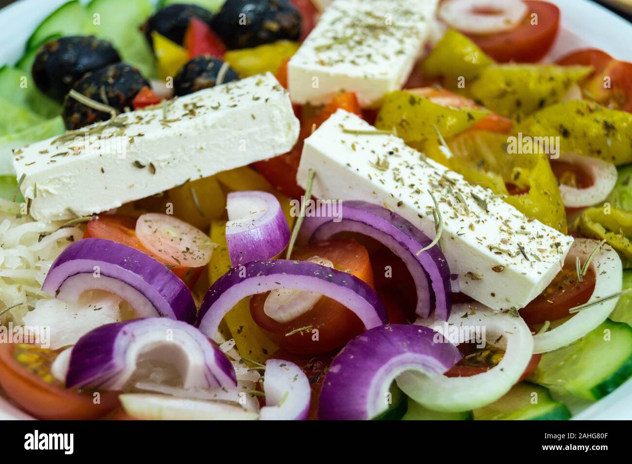 Greek salad with feta cheese olives and hot peppers Stock Photo Alamy