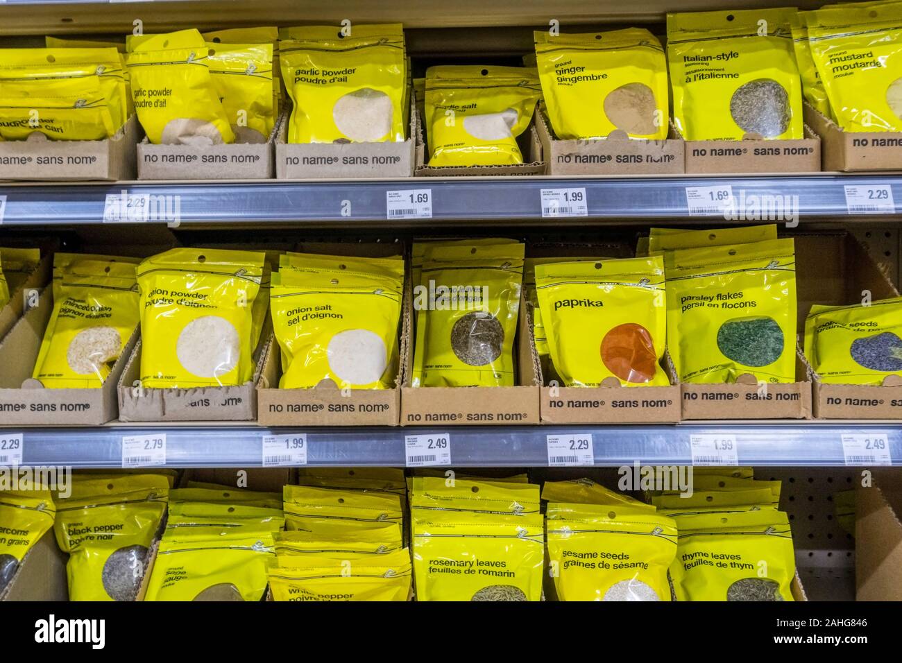 No Name / Sans Nom brand spices for sale on the shelves of a Canadian supermarket. Stock Photo
