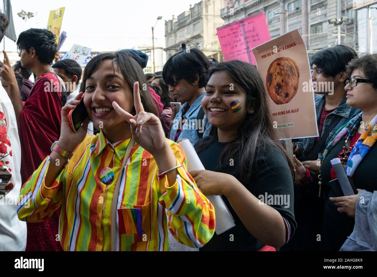 People of the LGBT community are marching on the streets of Kolkata demanding their equal rights and protesting against the social discrimination they have to face. They are also raising voice against the Government of India for imposing National Register of Citizens (NRC) and Citizenship Amendment Act (CAA) which goes against the minority community of India. (Photo by Santarpan Roy / Pacific Press) Stock Photo