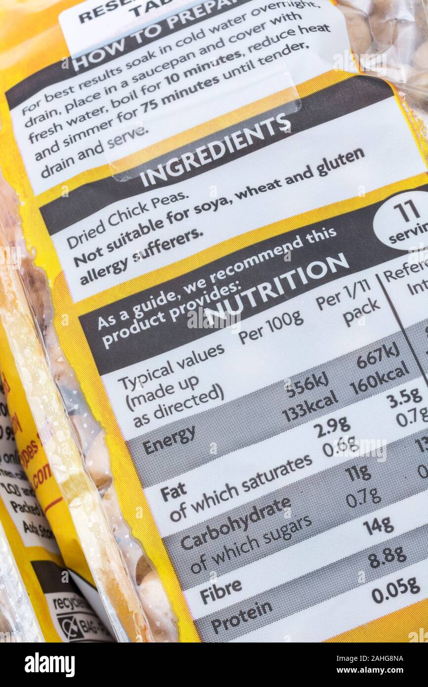 ASDA own-label Chick Peas in plastic bag. For food ingredients labels, nutrition labelling, food facts, allergy advice, plastic food packaging Stock Photo