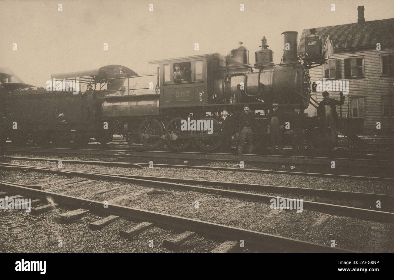 Antique c1890 photograph, “Central Railroad of New Jersey Mother Hubbard engine No 367 at Elizabethport, New Jersey.” SOURCE: ORIGINAL CYANOTYPE PHOTOGRAPH Stock Photo