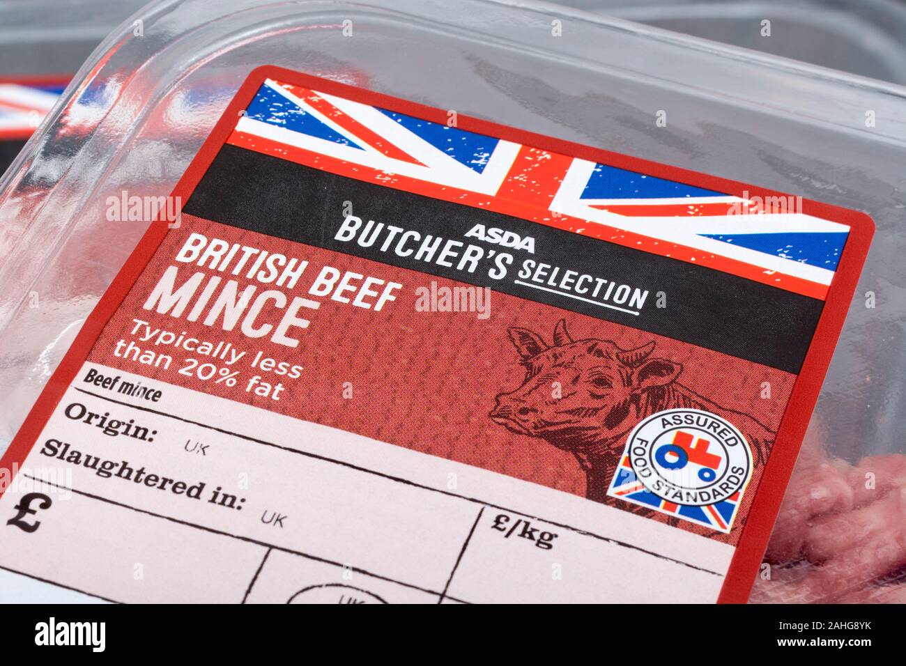 Close up shot plastic wrapped ASDA mince beef product food label