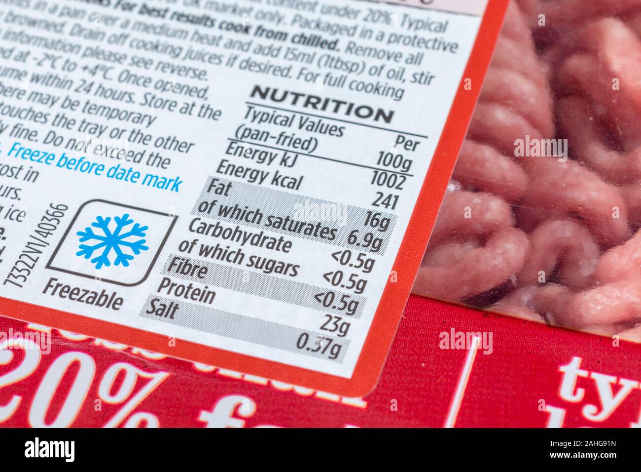 Close up plastic wrapped ASDA mince beef with freezing instructions