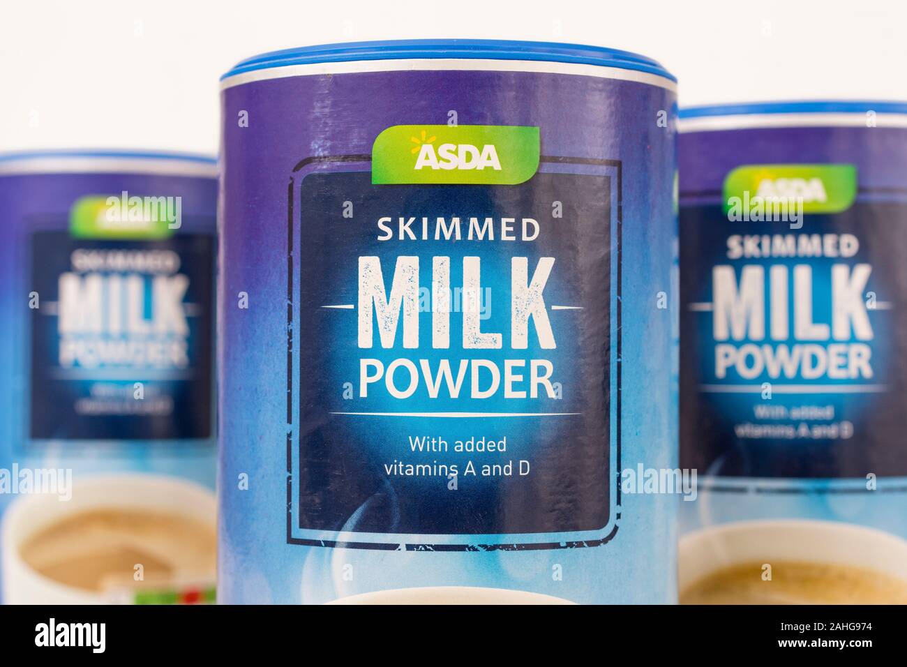 ASDA own-label semi skimmed milk cartons against white background. For food labelling, label design, brand awareness, own label food brands. Stock Photo