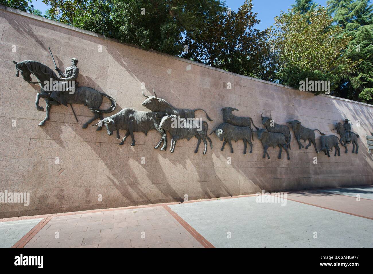 Bulls sculpture on wall at Plaza de Toros, Madrid, Spain Stock Photo