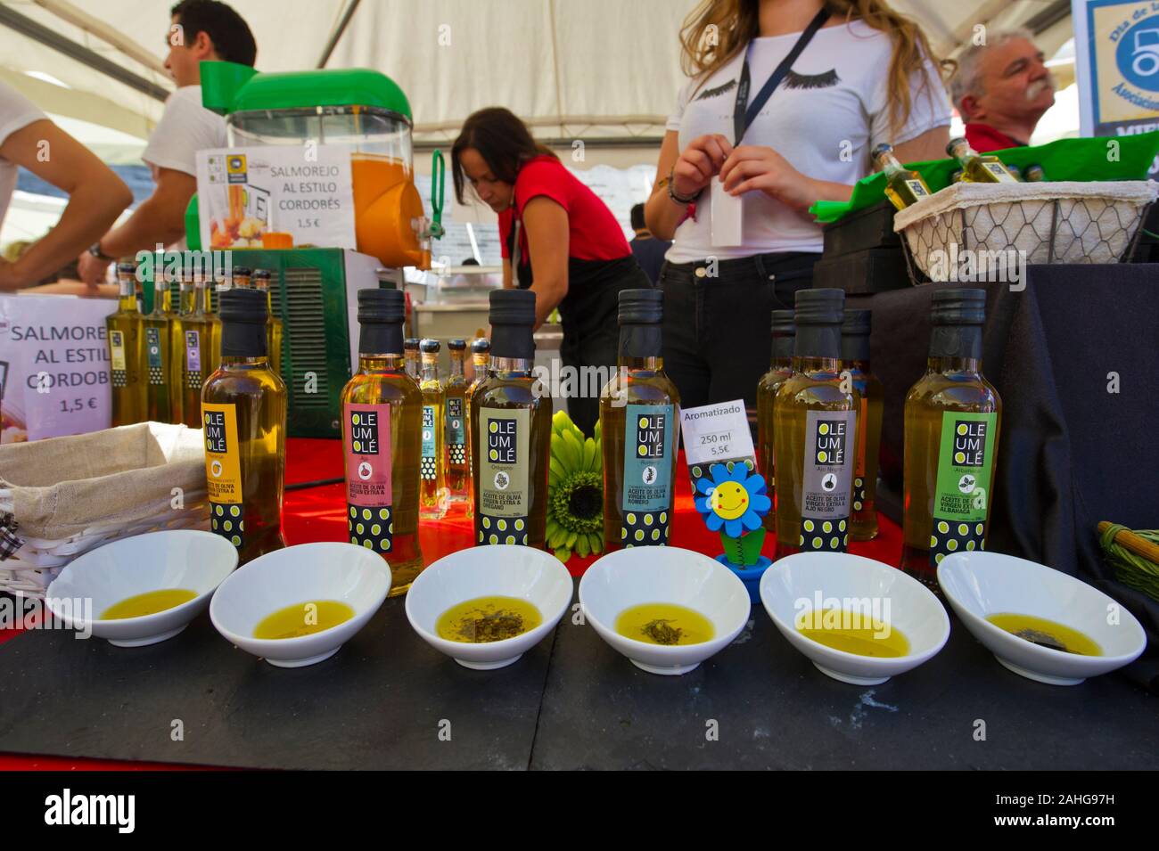 A selection of oil on sale at the Plaza de Toros, Madrid, Spain Stock Photo