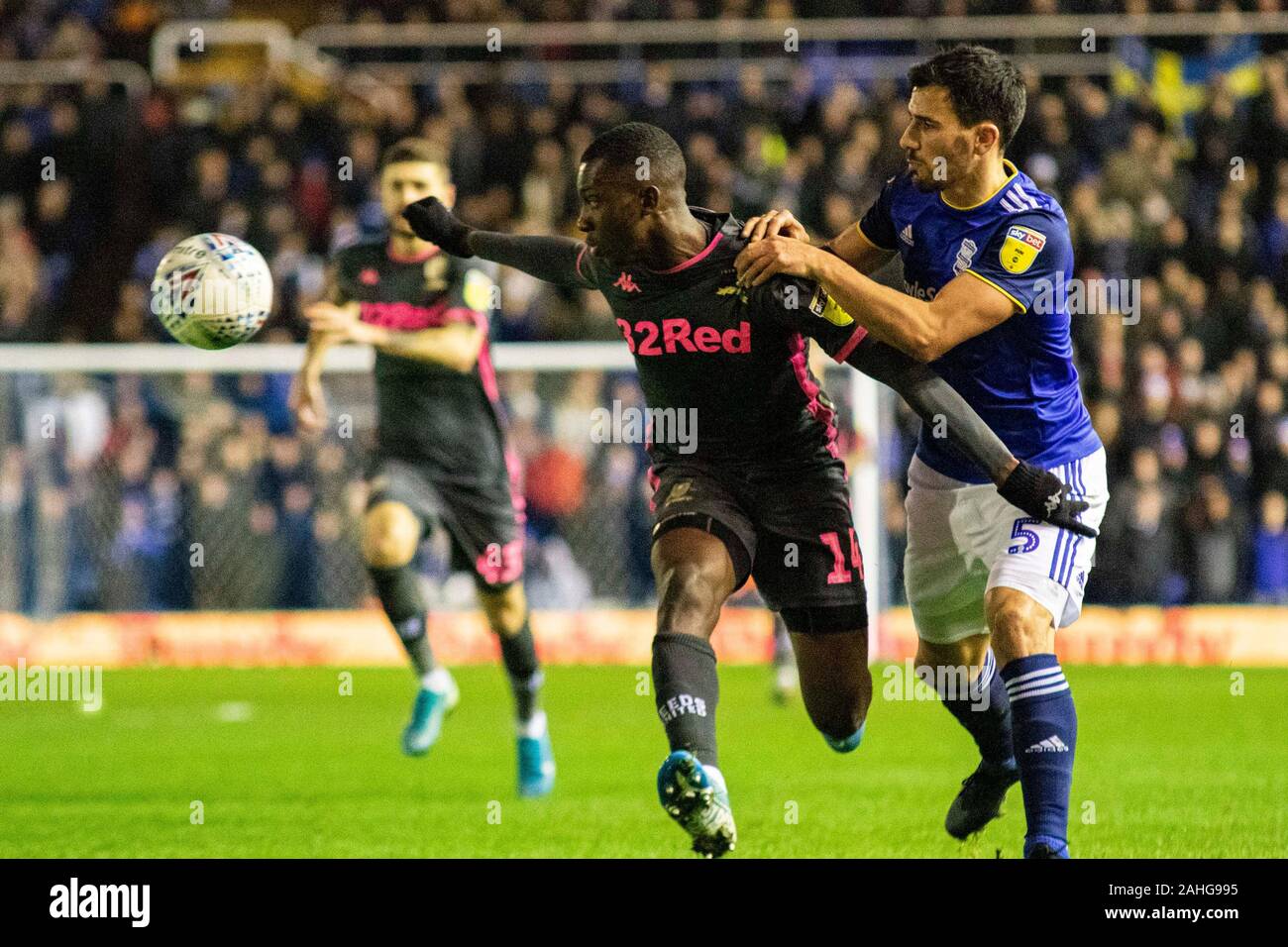 Birmingham, UK. 29th Dec, 2019. Eddie Nketiah of Leeds United in action against Maxime Colin of Birmingham City. EFL Skybet championship match, Birmingham city v Leeds United at St. Andrews in Birmingham on Sunday 29th December 2019. this image may only be used for Editorial purposes. Editorial use only, license required for commercial use. No use in betting, games or a single club/league/player publications. pic by Lewis Mitchell//Andrew Orchard sports photography/Alamy Live news Credit: Andrew Orchard sports photography/Alamy Live News Stock Photo