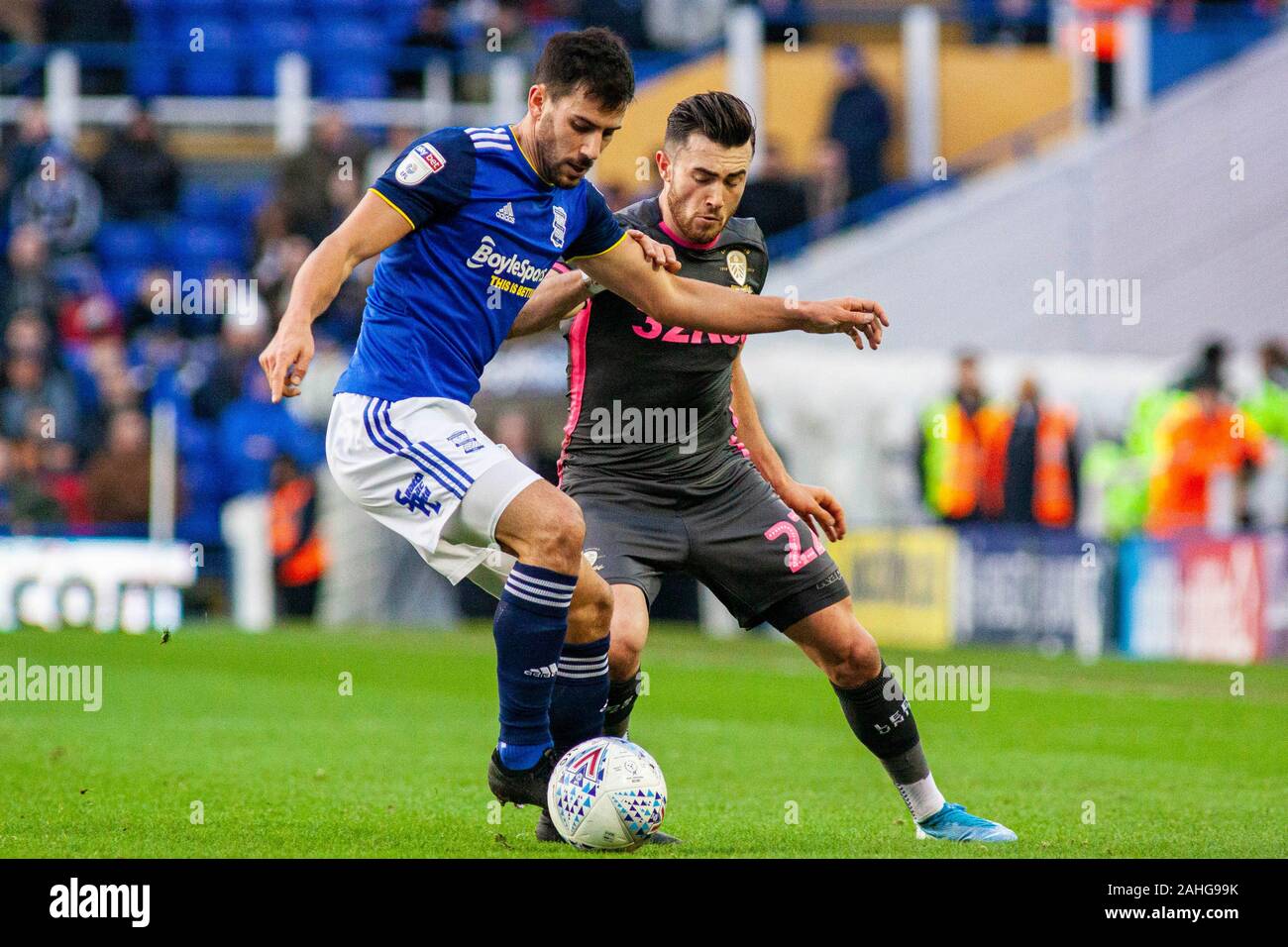 Birmingham, UK. 29th Dec, 2019. Maxime Colin of Birmingham City in action against Jack Harrison of Leeds United. EFL Skybet championship match, Birmingham city v Leeds United at St. Andrews in Birmingham on Sunday 29th December 2019. this image may only be used for Editorial purposes. Editorial use only, license required for commercial use. No use in betting, games or a single club/league/player publications. pic by Lewis Mitchell//Andrew Orchard sports photography/Alamy Live news Credit: Andrew Orchard sports photography/Alamy Live News Stock Photo