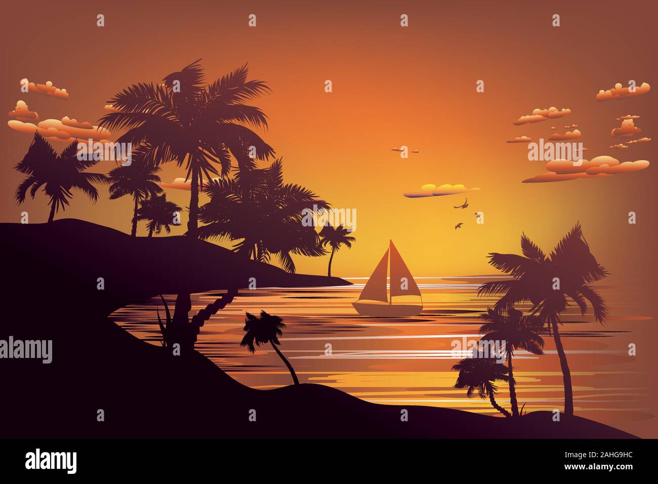 Sunset tropical sea landscape, boat and palm island silhouette Stock ...
