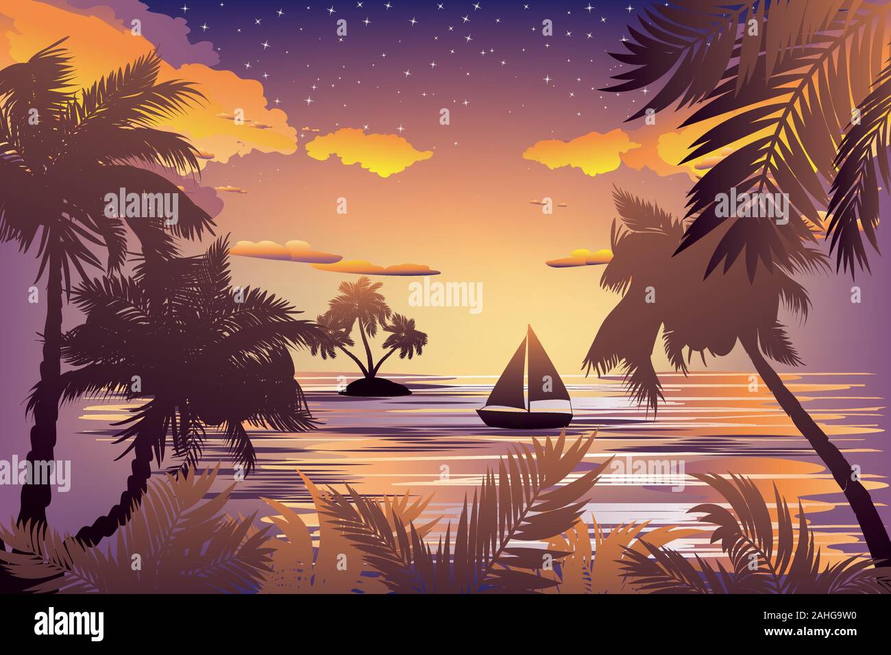 Sunset tropical sea landscape, boat and palm island silhouette Stock ...