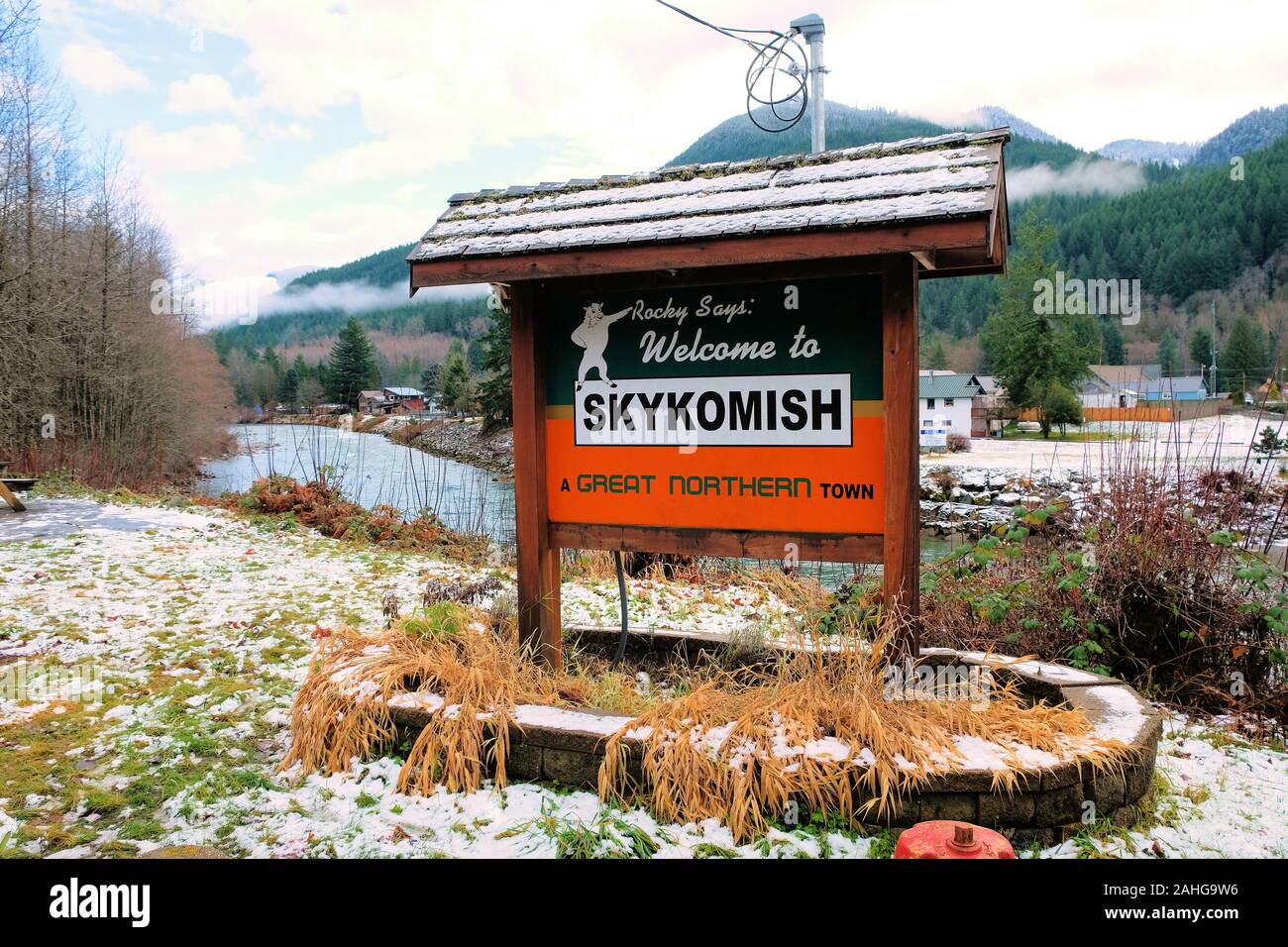 to Skykomish sign in the town of Skykomish, Washington, with