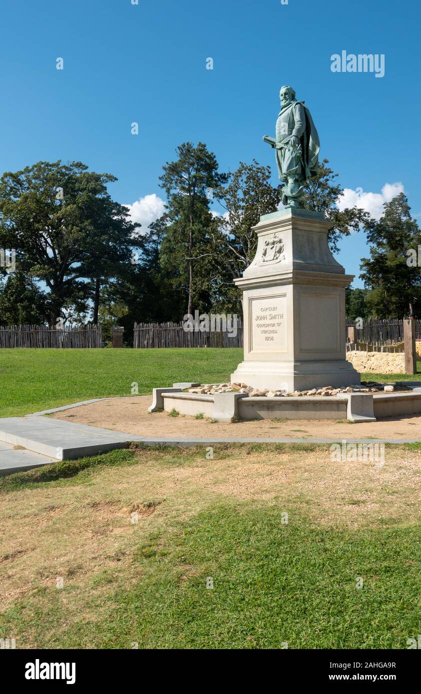 Jamestown, VA - 2 September 2019: Statue commemorating Captain John Smith in the Jamestown Settlement in Virginia Stock Photo