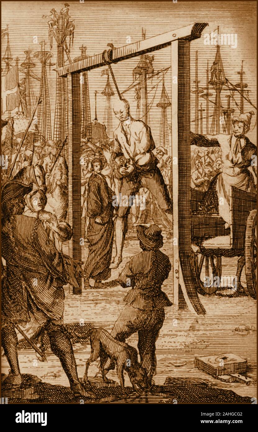 The execution by hanging of pirate Stede Bonnet (1688-1718), Pirate . His nickname was The Gentleman Pirate and he used the alias Captain Thomas. He commanded the ship Revenge, later renamed Royal James Stock Photo
