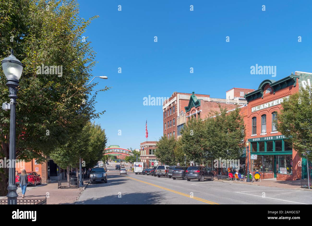 View down Walnut Street towards the historic City Market, River Market district, Kansas City, Missouri, USA Stock Photo