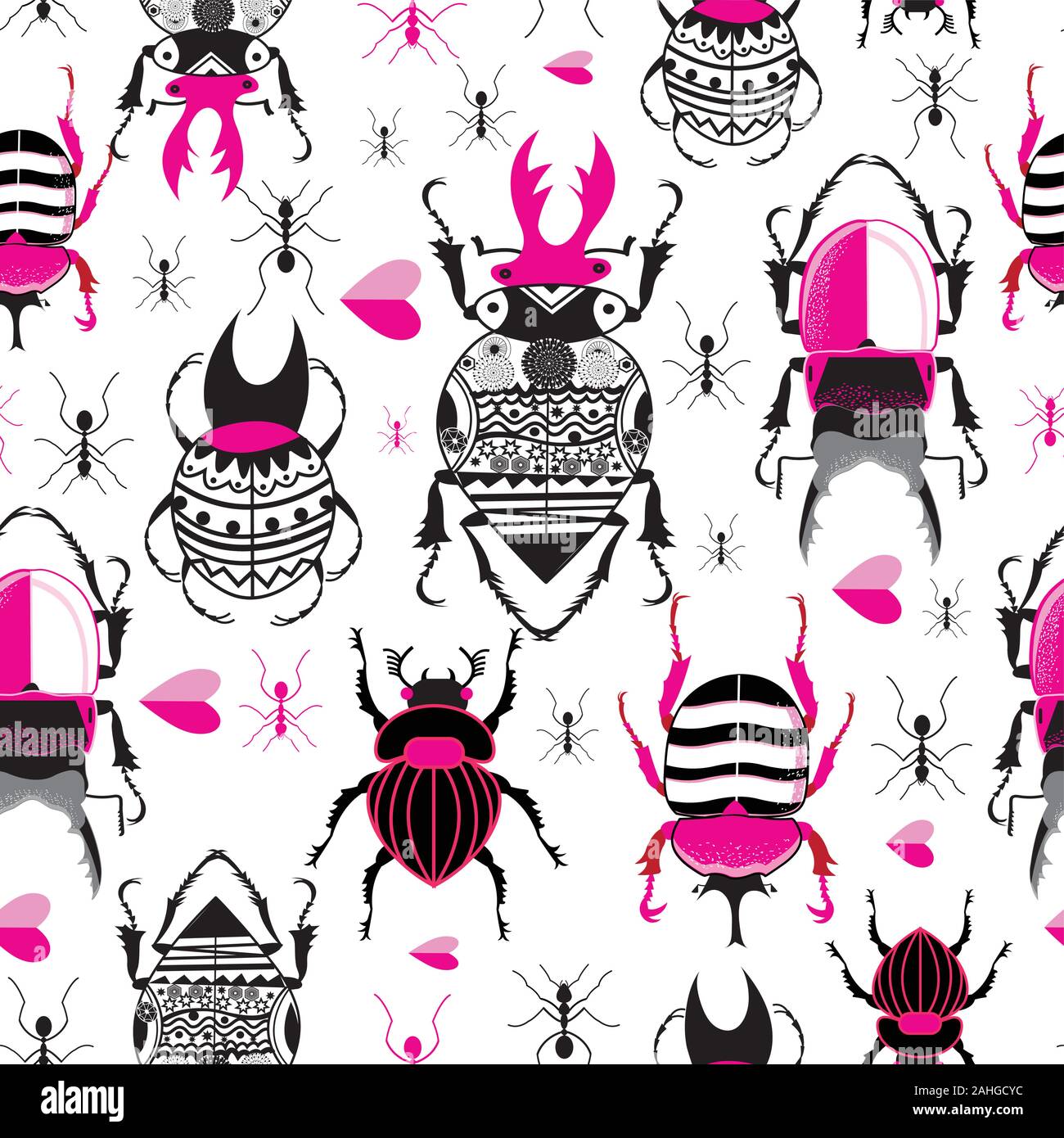Vector bright seamless pattern with beetles and ants on a white background Stock Vector
