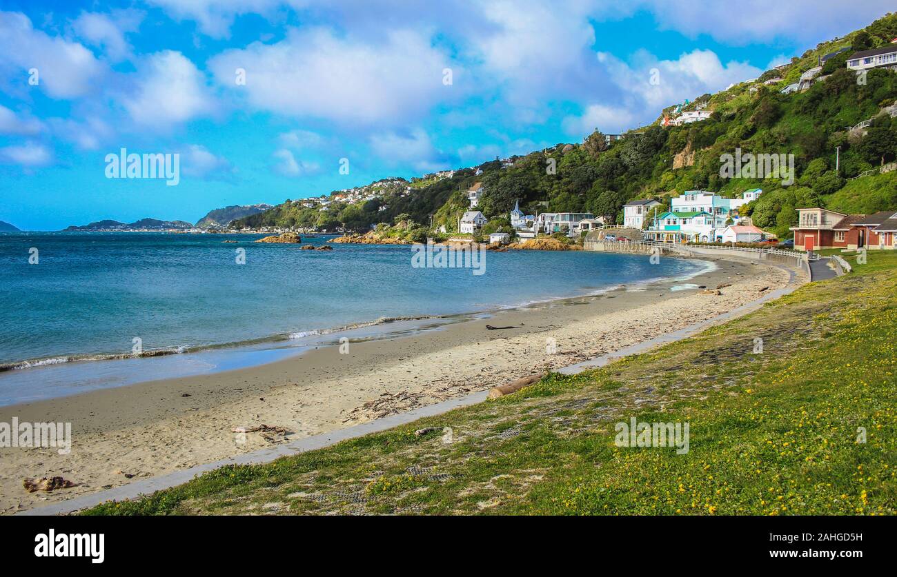 Picturesque view over Karaka Bay and Scorching Bay in Wellington, North