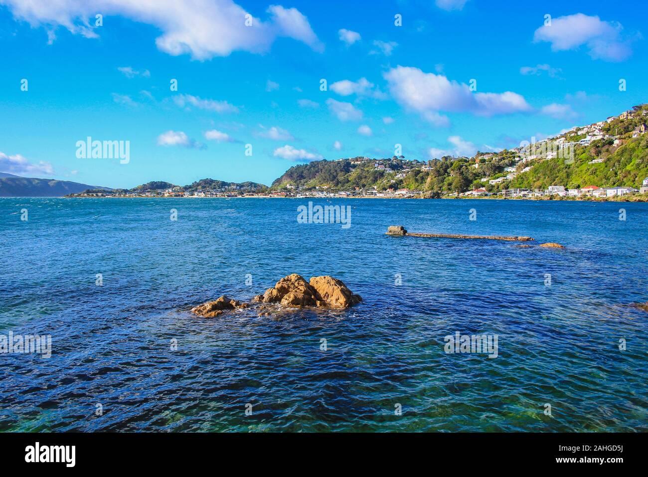 Picturesque view over Karaka Bay and Scorching Bay in Wellington, North
