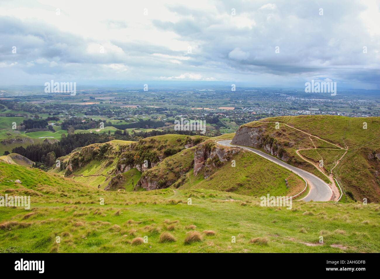 View over scenic green valley from Te Mata Peak near Hastings, North Island, New Zealand Stock Photo